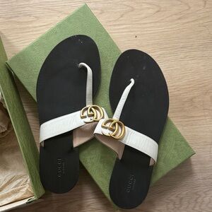 Gucci Double G White Sandals with Gold Accent
